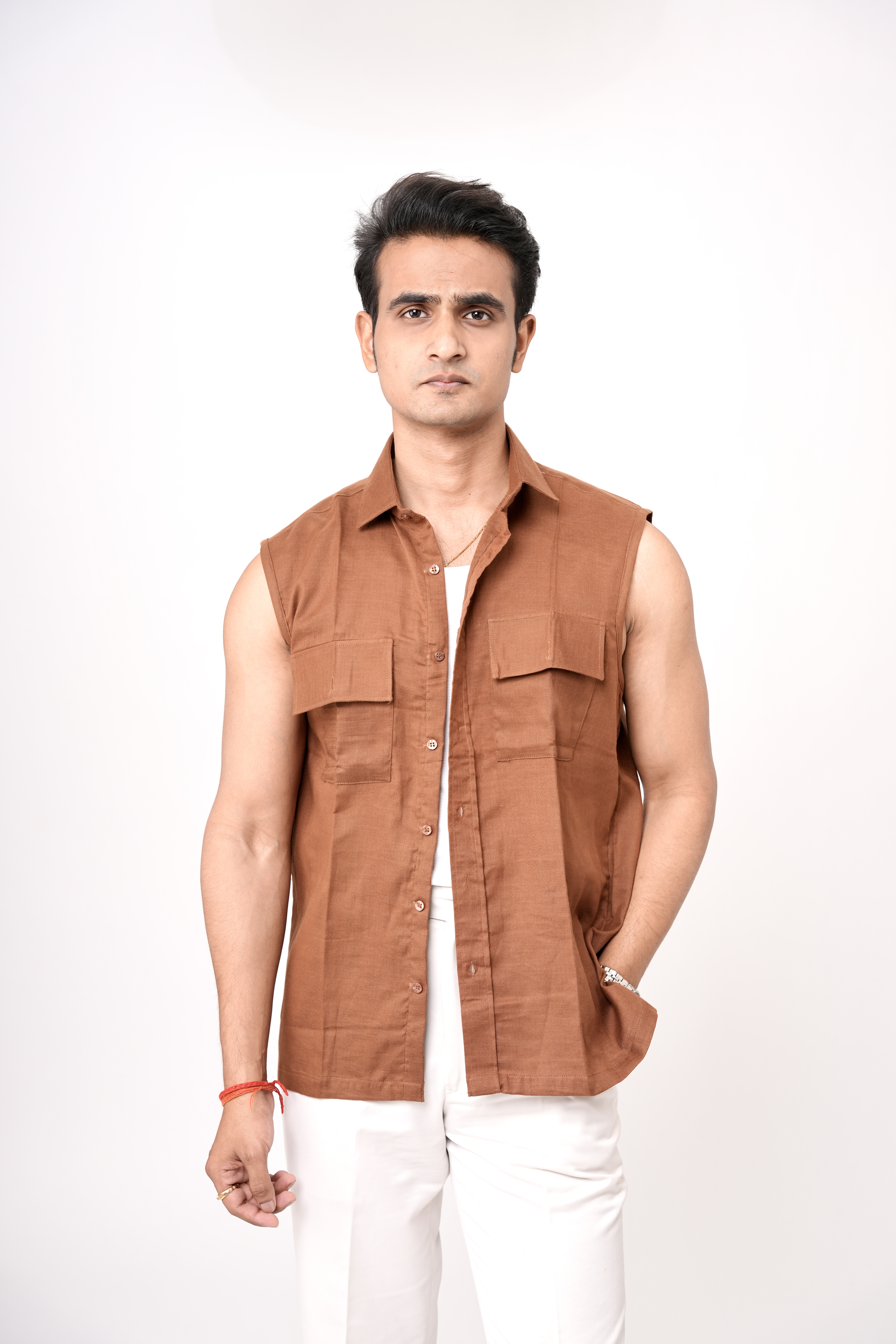 brown linen sleeveless shirt